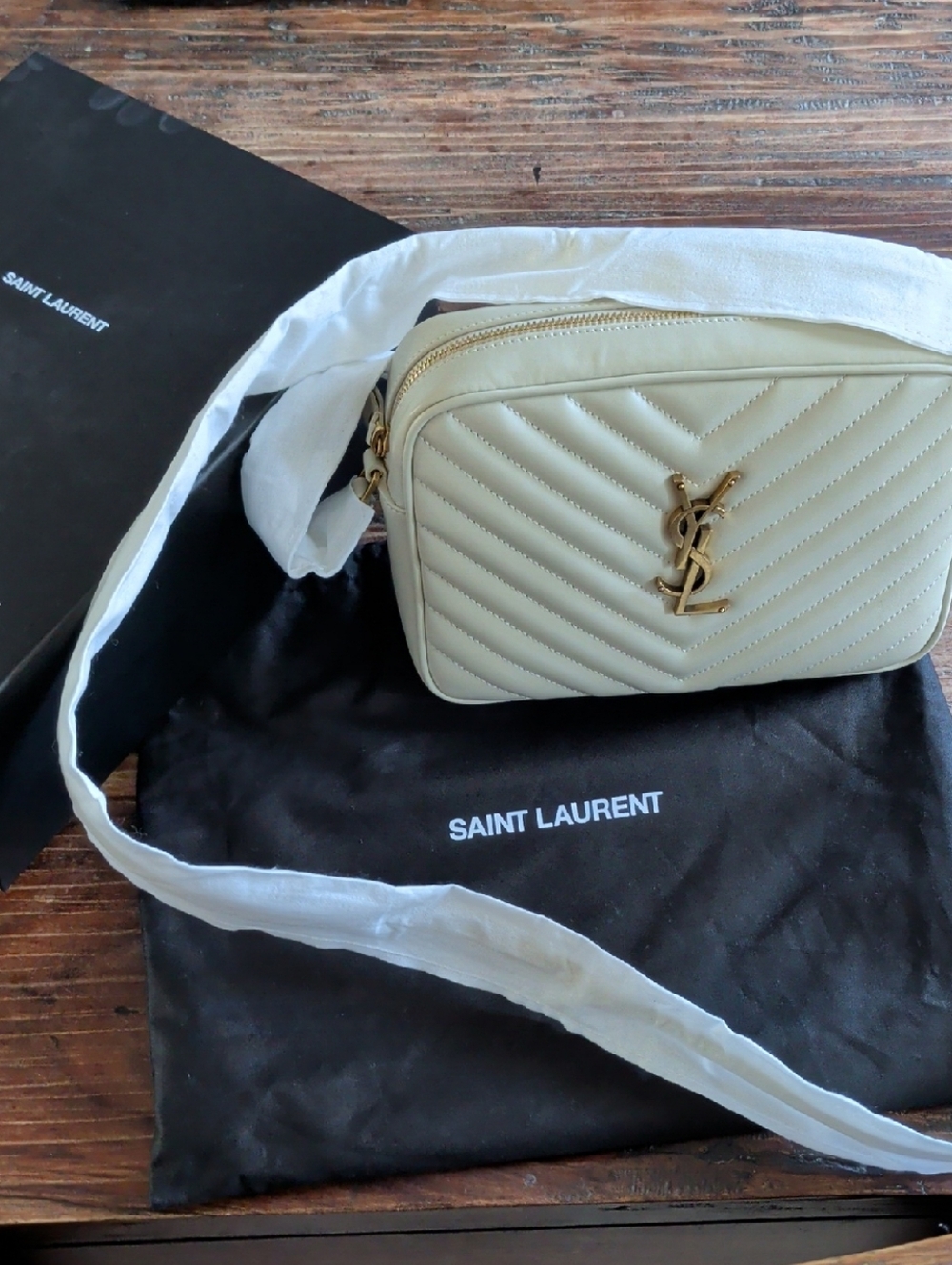 Saint Laurent Cream Quilted Leather Crossbody Camera Bag with Gold YSL Logo